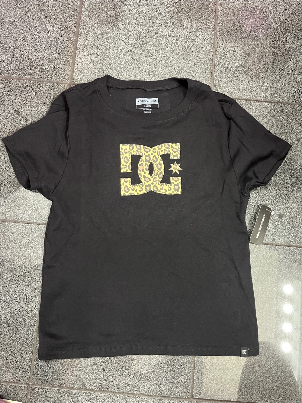 DC Black Tee with Yellow Leopard DC Logo